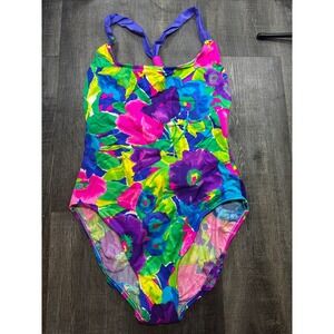 Vintage Sirena Neon Floral One Piece Swimsuit T-Back Made in USA Pink Purple